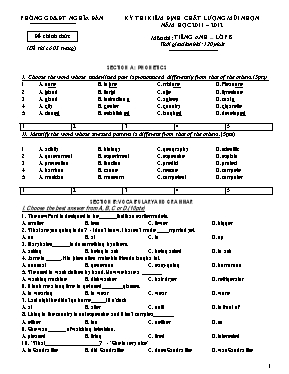 Đề thi kiểm định chất lượng mũi nhọn môn Tiếng Anh 8 - Năm học 2011-2012 - Phòng GD & ĐT Nghĩa Đàn (Có đáp án)